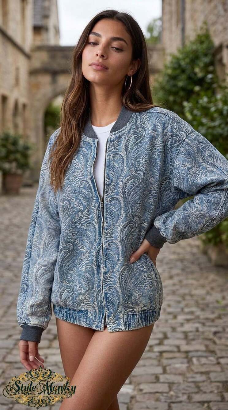 Vintage 1980s Blue Paisley Print Denim Bomber Jacket with Ribbed Trim